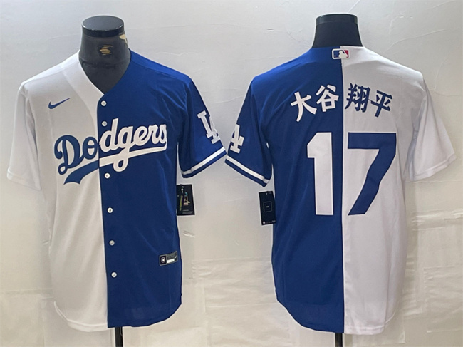 Men's Los Angeles Dodgers #17 大谷翔平 White/Blue Split Cool Base Stitched Baseball Jersey